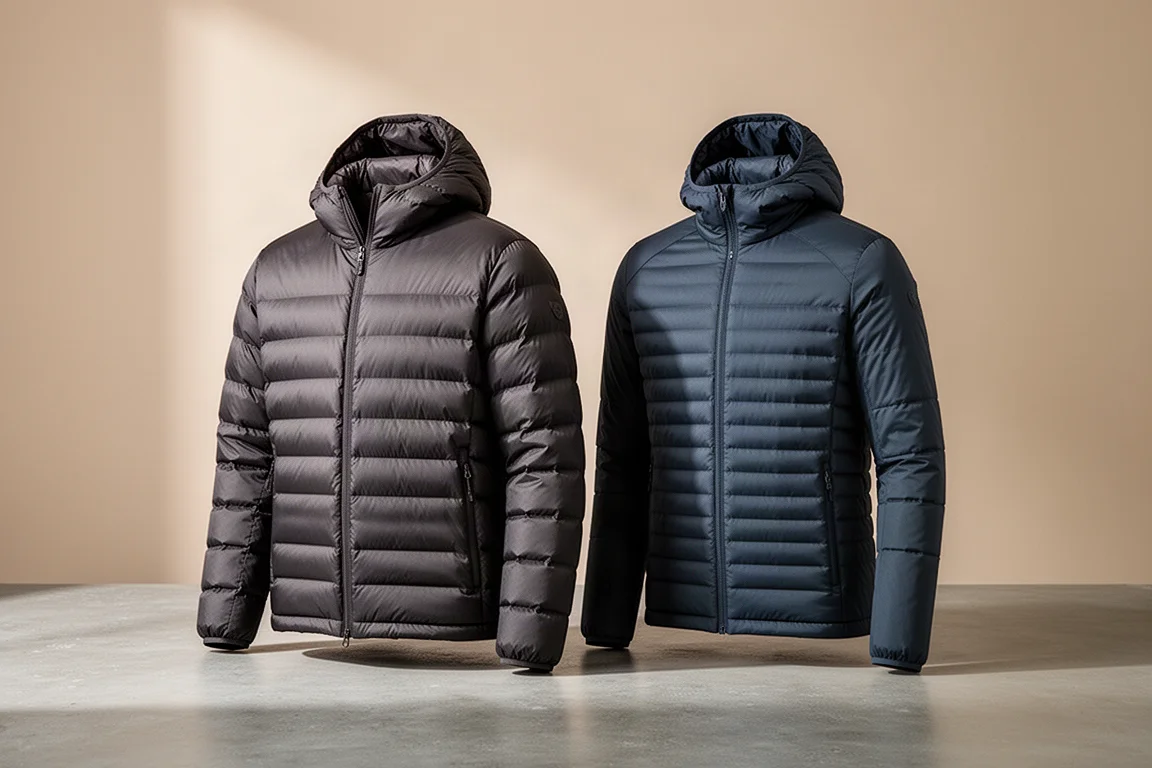 Two quilted down jackets side by side on a concrete surface in muted dark tones