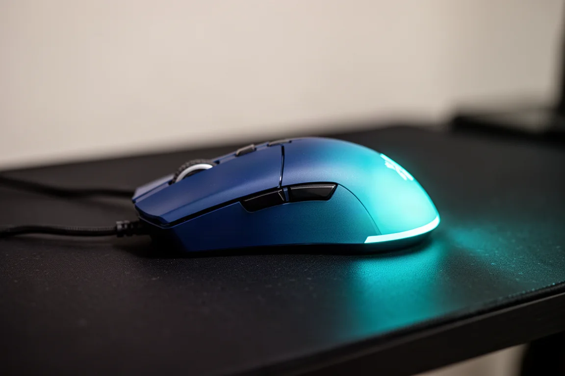 Souris de jeu avec finition dégradé bleu mat sur un bureau avec un éclairage cyan doux