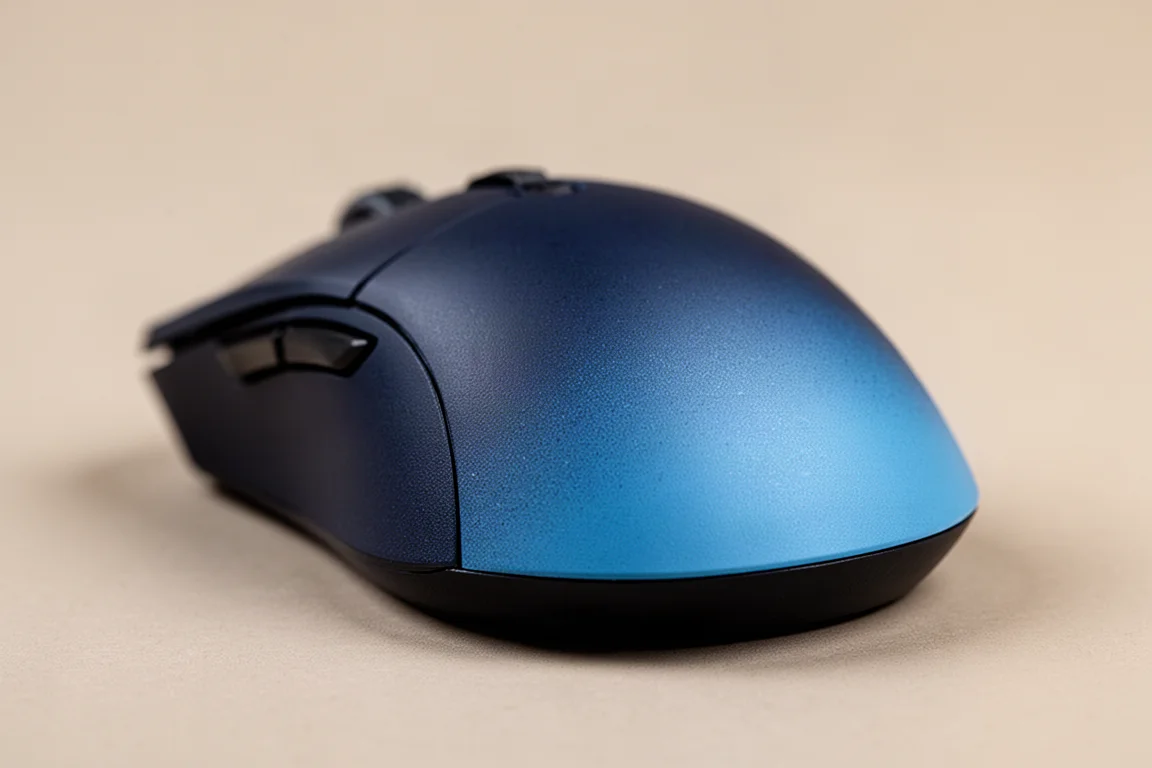 Gros plan sur le renflement arrière d'une souris de jeu montrant la texture du revêtement mat