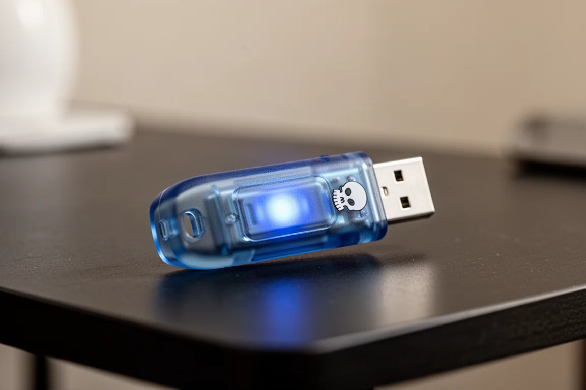 Dongle sans fil bleu translucide avec LED bleue et petit logo de crâne sur un bureau