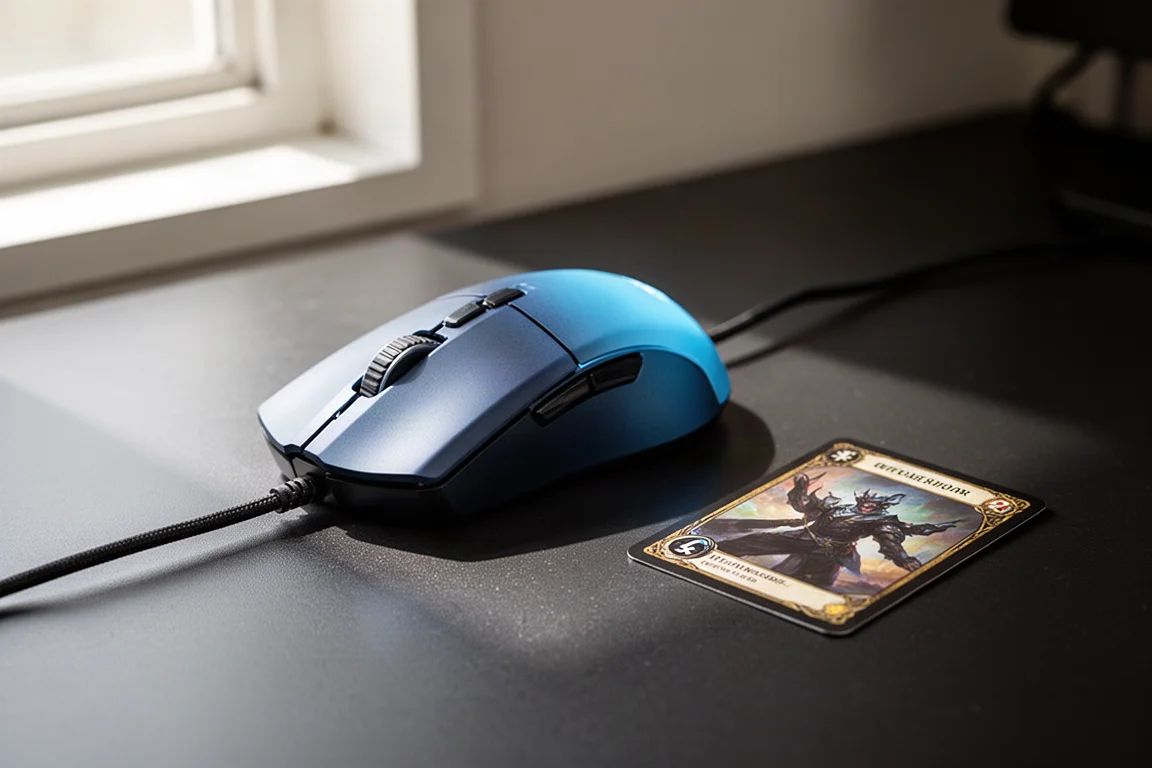Souris de jeu avec câble noir et carte de collectionneur sur une surface de bureau