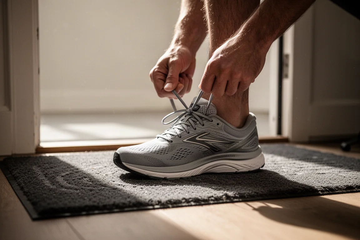 Corredor atándose las agujetas de una zapatilla de entrenamiento acolchada antes de una carrera fácil matinal