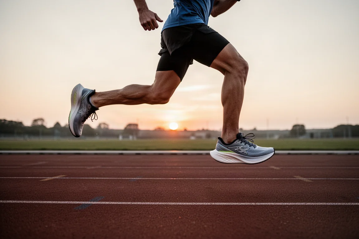 Corredor acelerando en una pista al atardecer con una zapatilla de competición con placa