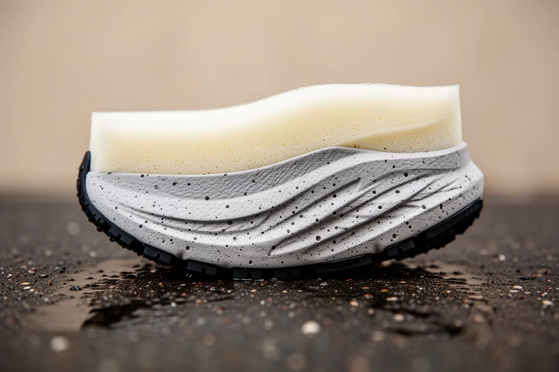 Detalle de la mediasuela de doble densidad de una zapatilla de running apoyada sobre asfalto mojado