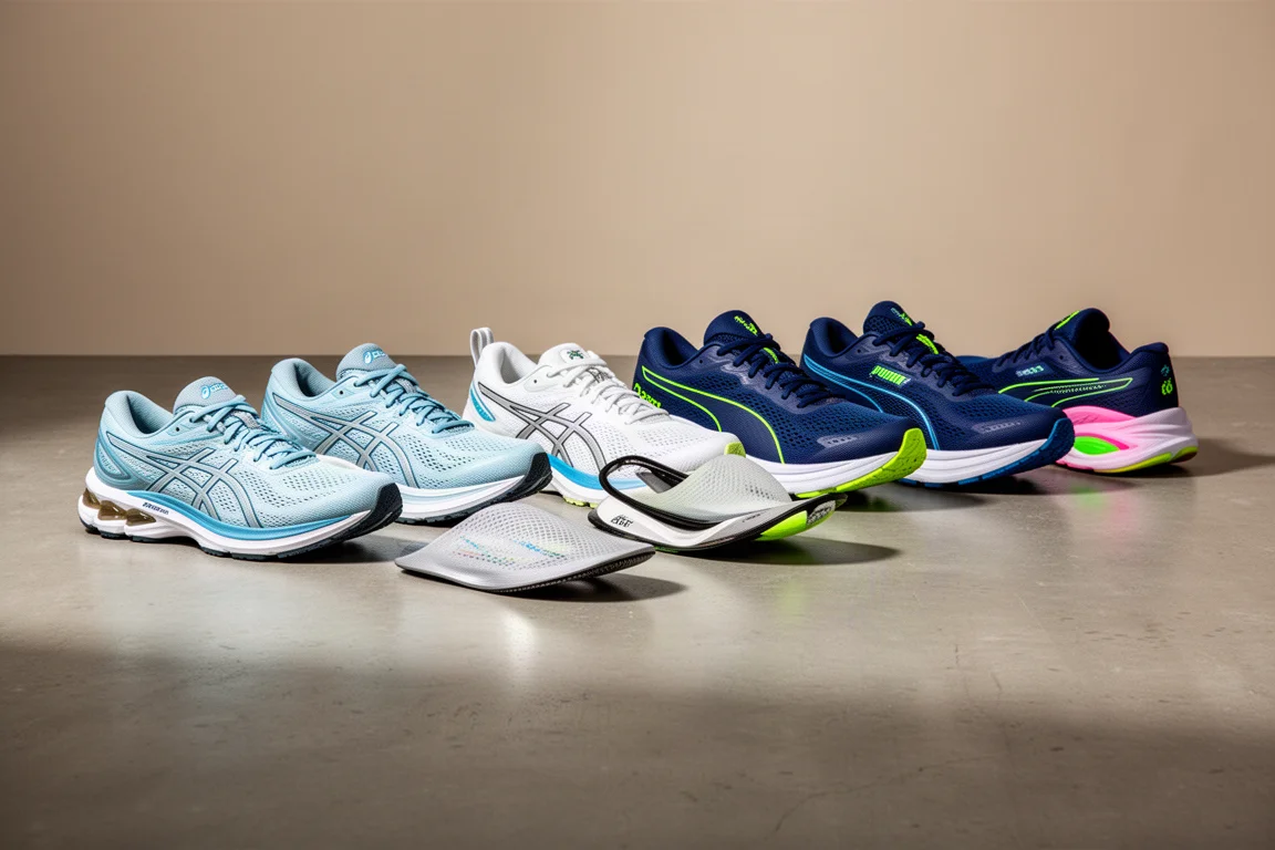 Row of nine Asics and Puma running shoes on a concrete floor
