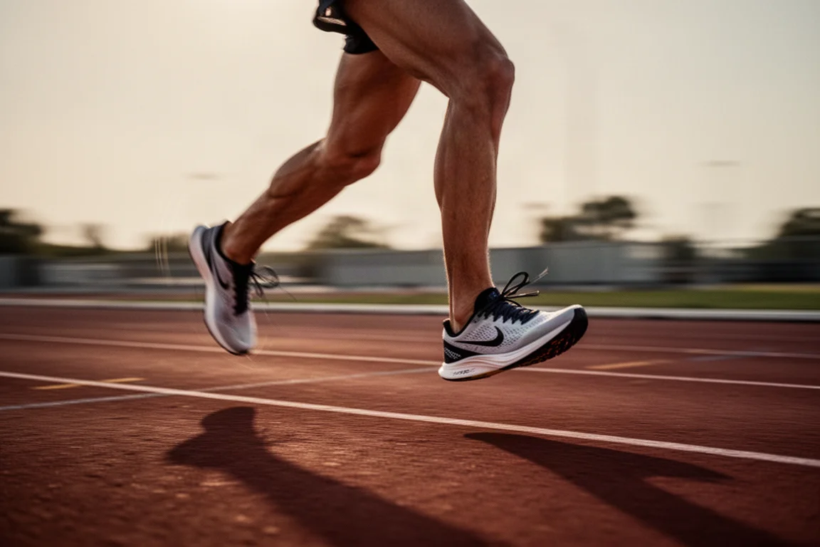 Pies de un corredor con zapatillas de competición en una pista de atletismo durante un entrenamiento
