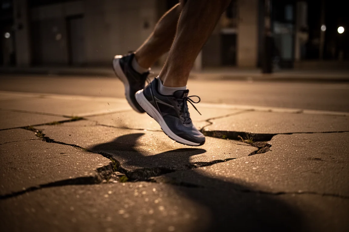 Corredor pasando sobre pavimento irregular de noche bajo una farola
