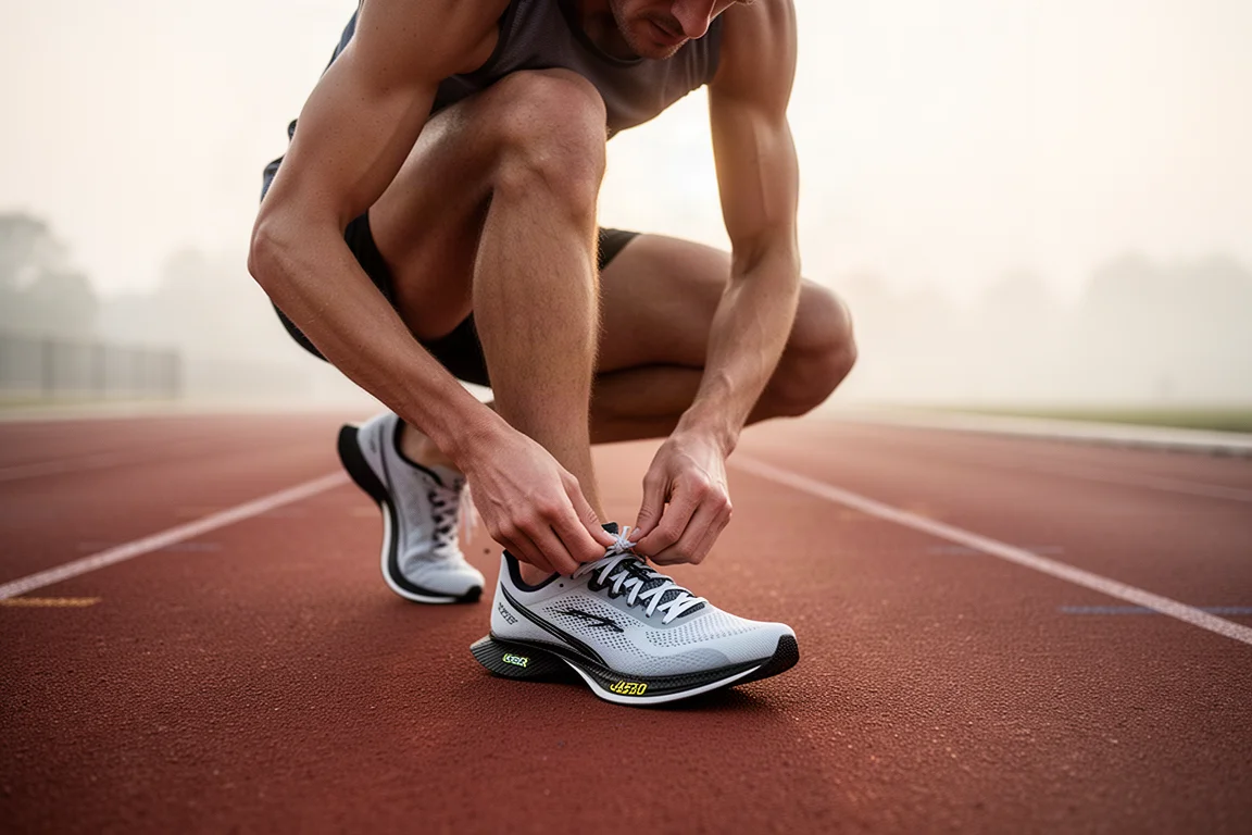 Runner tying racing shoes on a track in soft morning light
