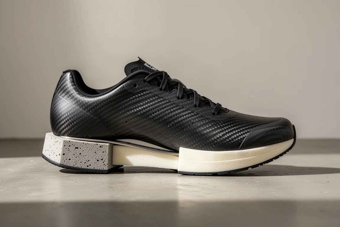 Close-up of a split midsole racing shoe showing two foam densities