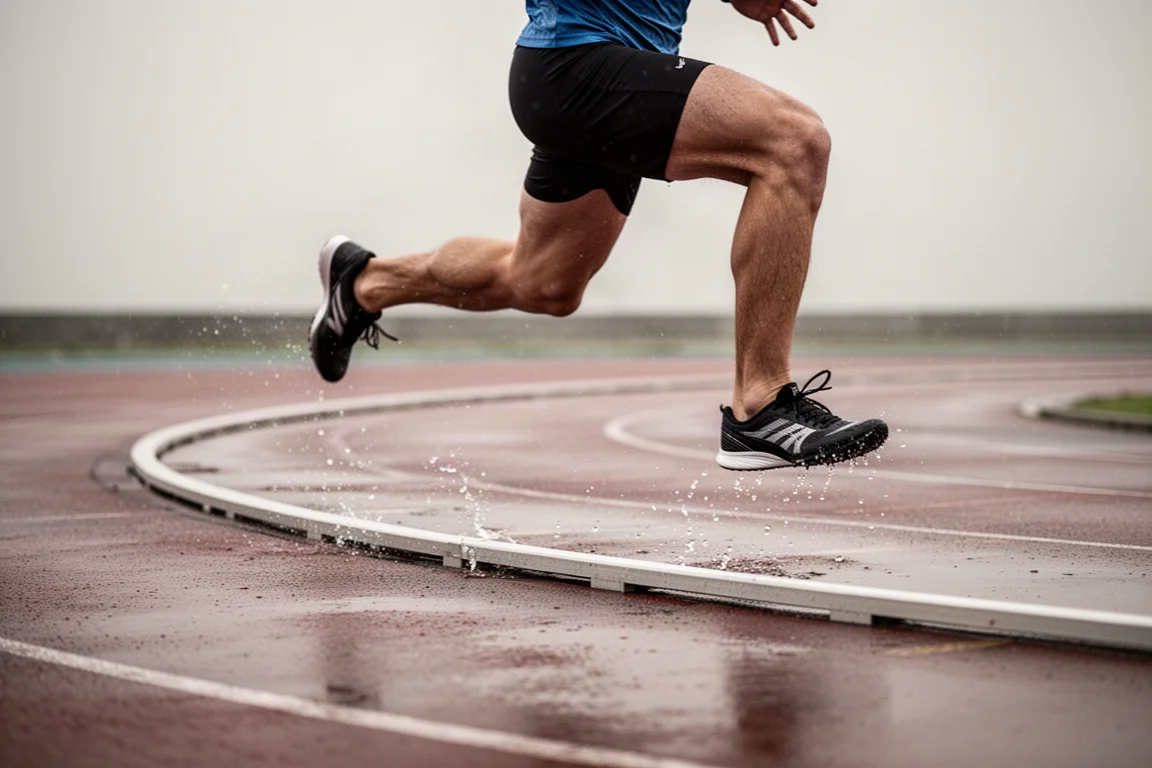 Runner sprinting on a wet athletics track