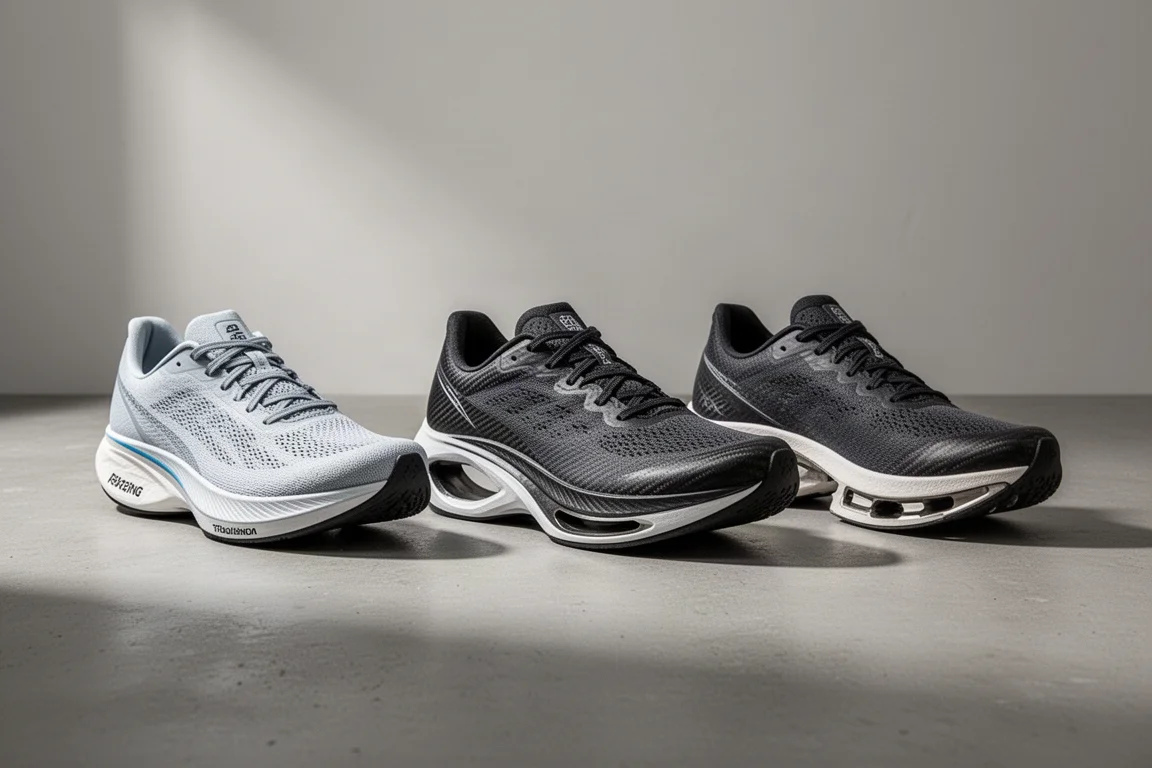 Three carbon plate racing shoes arranged in a row on a concrete surface