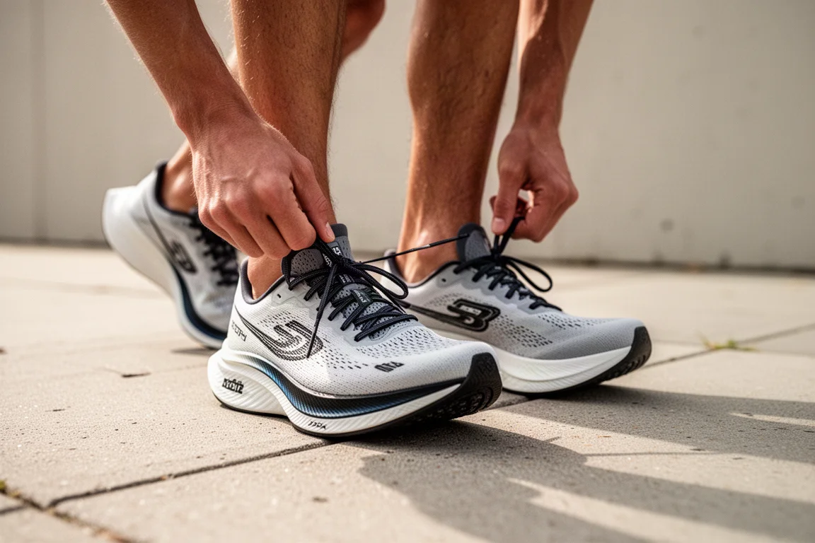 Runner lacing up carbon-plated road running shoes before a training run