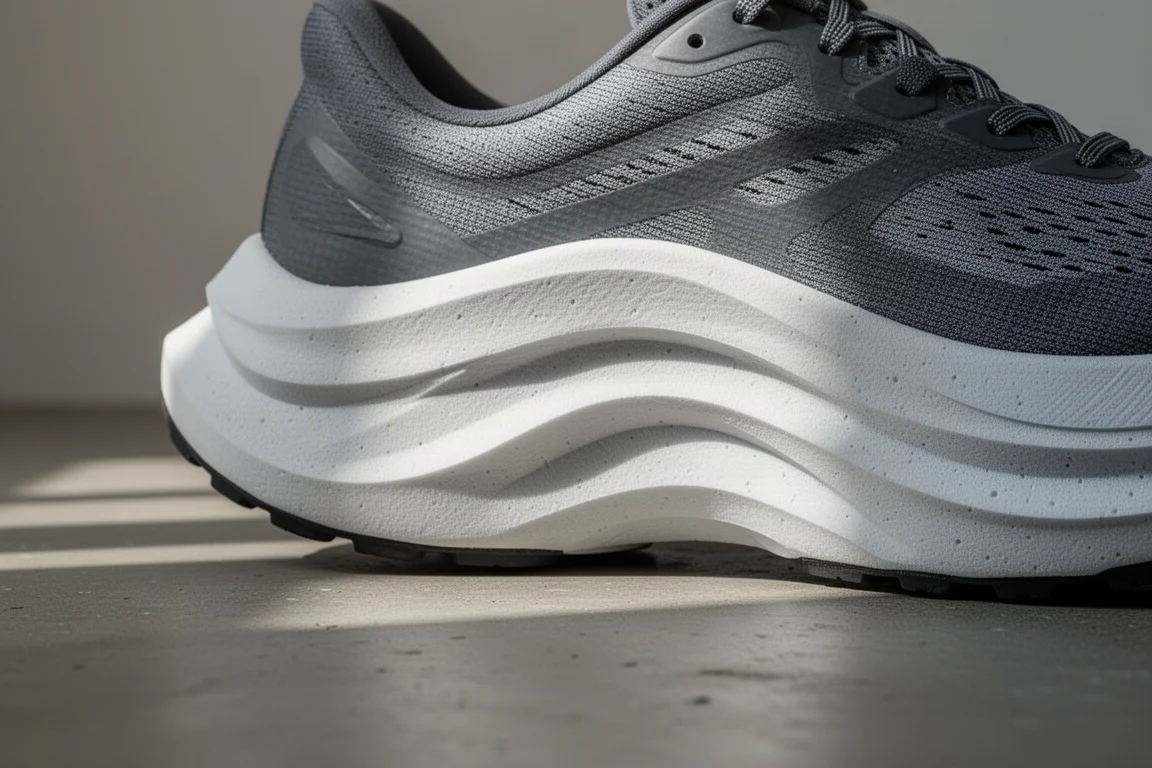 Close-up of a road running shoe midsole showing thick foam stack and rocker shape