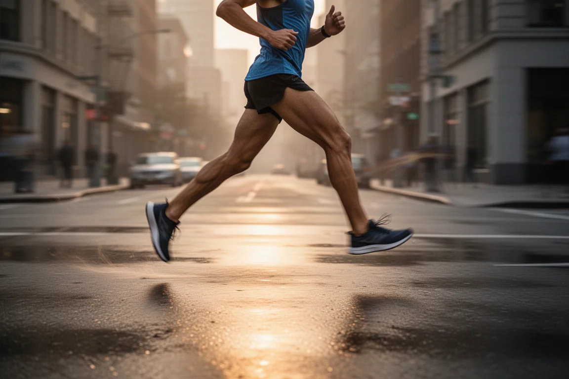 Runner striding through a fast tempo session on empty city streets at dawn