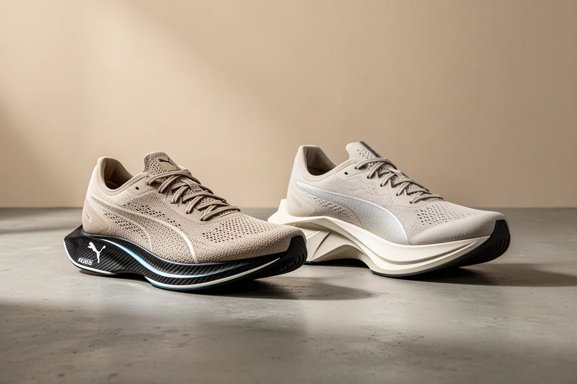 Due scarpe da corsa Puma affiancate su una superficie di cemento opaco