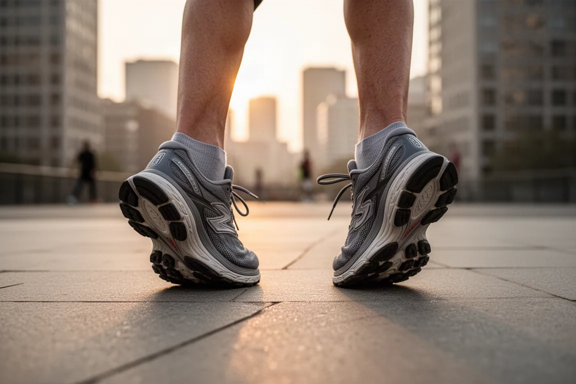 Runner lacing up a cushioned daily trainer on a city sidewalk at dawn