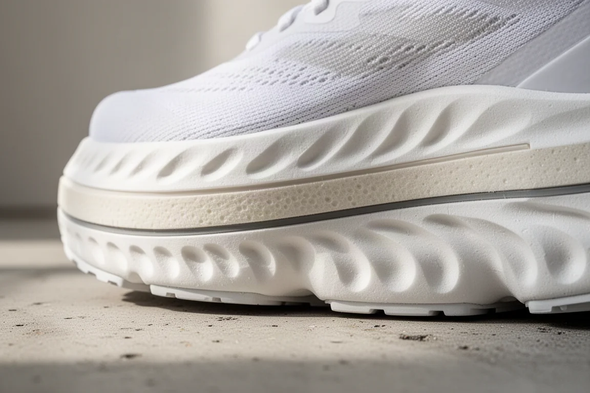 Close-up of a layered running shoe midsole with visible foam layers and plate