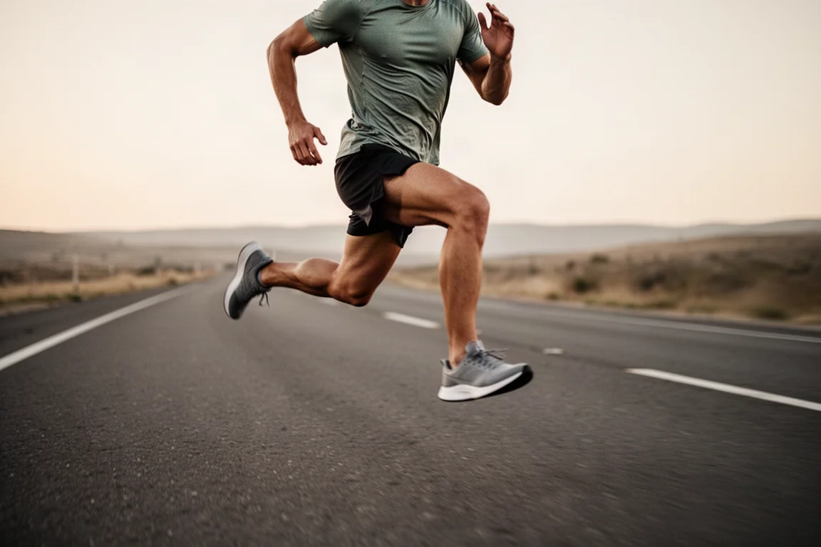 Runner accelerating through a speed workout on an empty road
