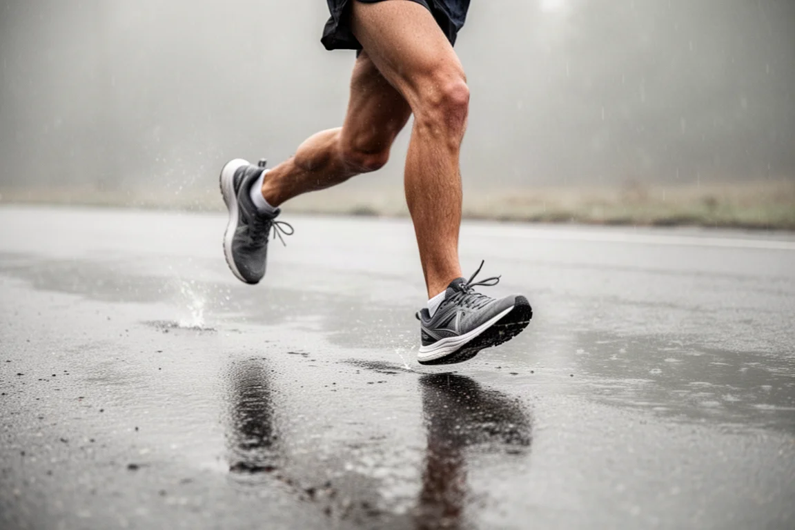Runner on wet pavement in soft morning light