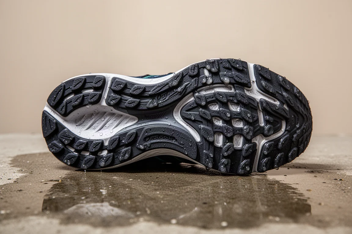 Close-up of a running shoe outsole with textured rubber grip pattern