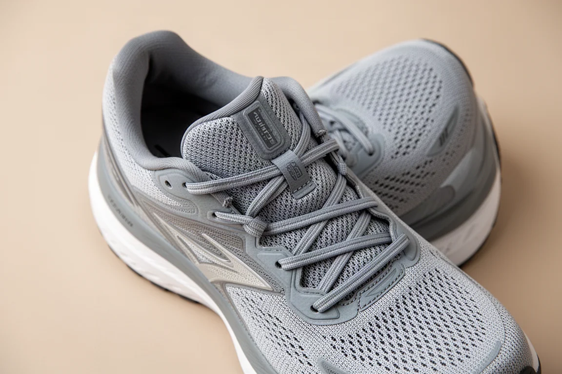 Running shoe tongue and lacing detail on a neutral surface