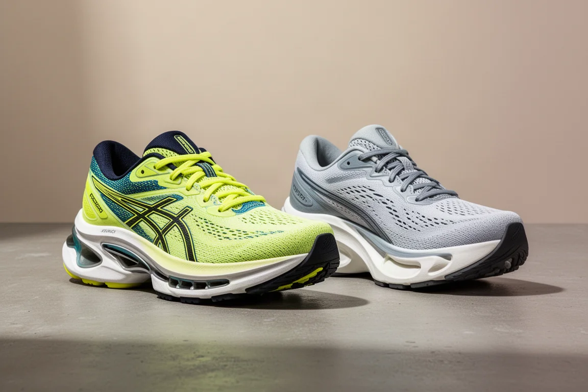 Two plated running trainers side by side on a concrete surface