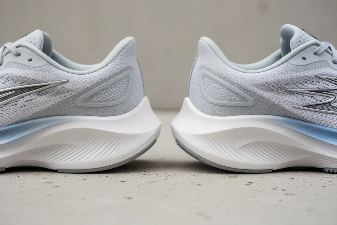 Runner's feet mid-stride on wet winter pavement wearing plated road running shoes
