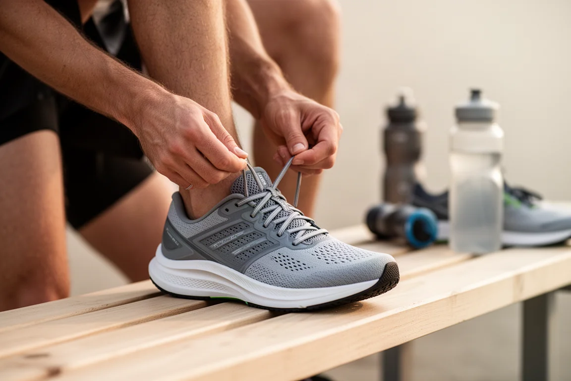 Close-up of deep outsole lugs on a running shoe gripping a wet road surface
