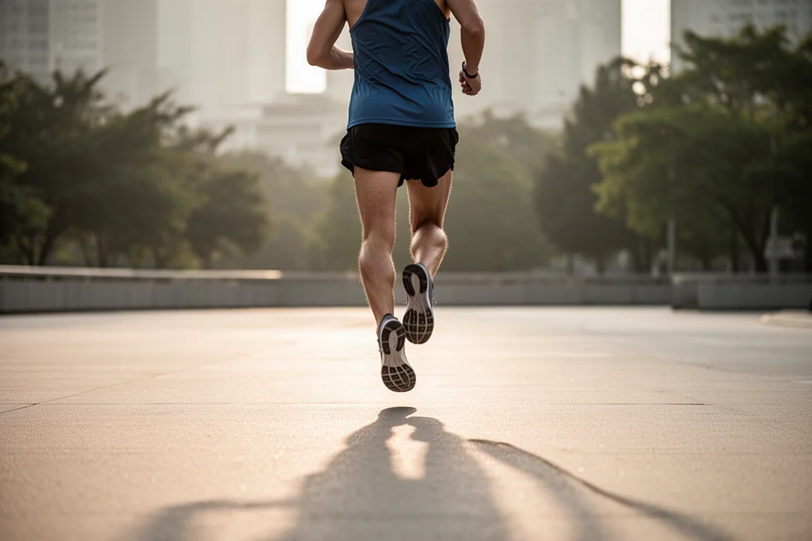Runner settling into a steady pace on a long open suburban road