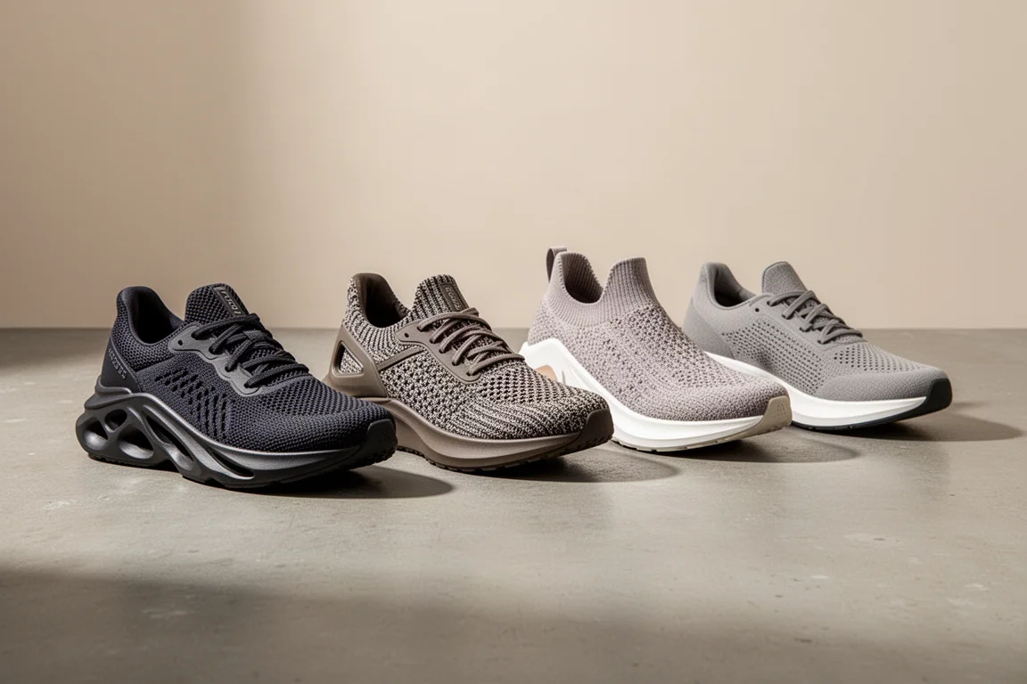 Cinque scarpe da running con piastra allineate su una superficie di cemento grigio
