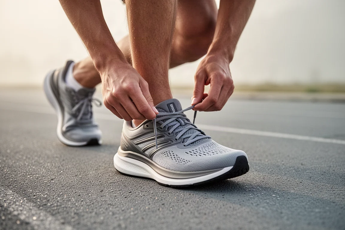 Un coureur lace une paire de chaussures de running modernes sur une piste