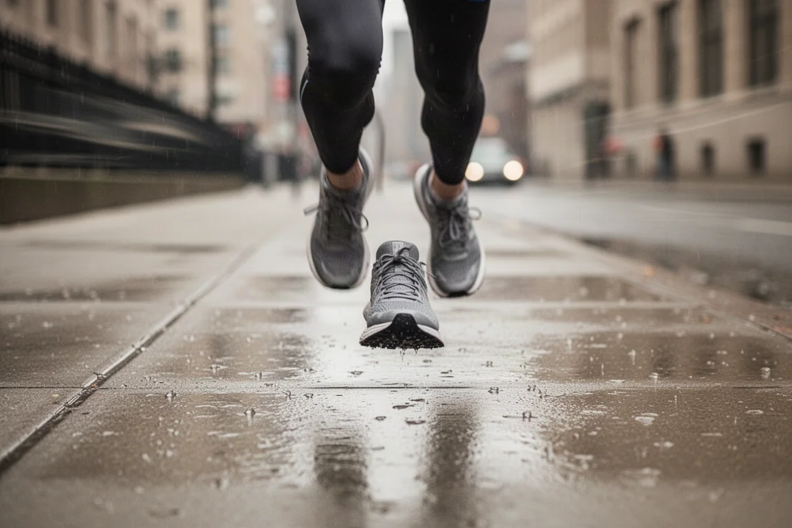 Les pieds d'un coureur foulant une rue urbaine sous la pluie