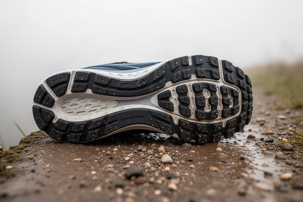 Semelle extérieure d'une chaussure de running dont les crampons adhèrent à un sentier humide