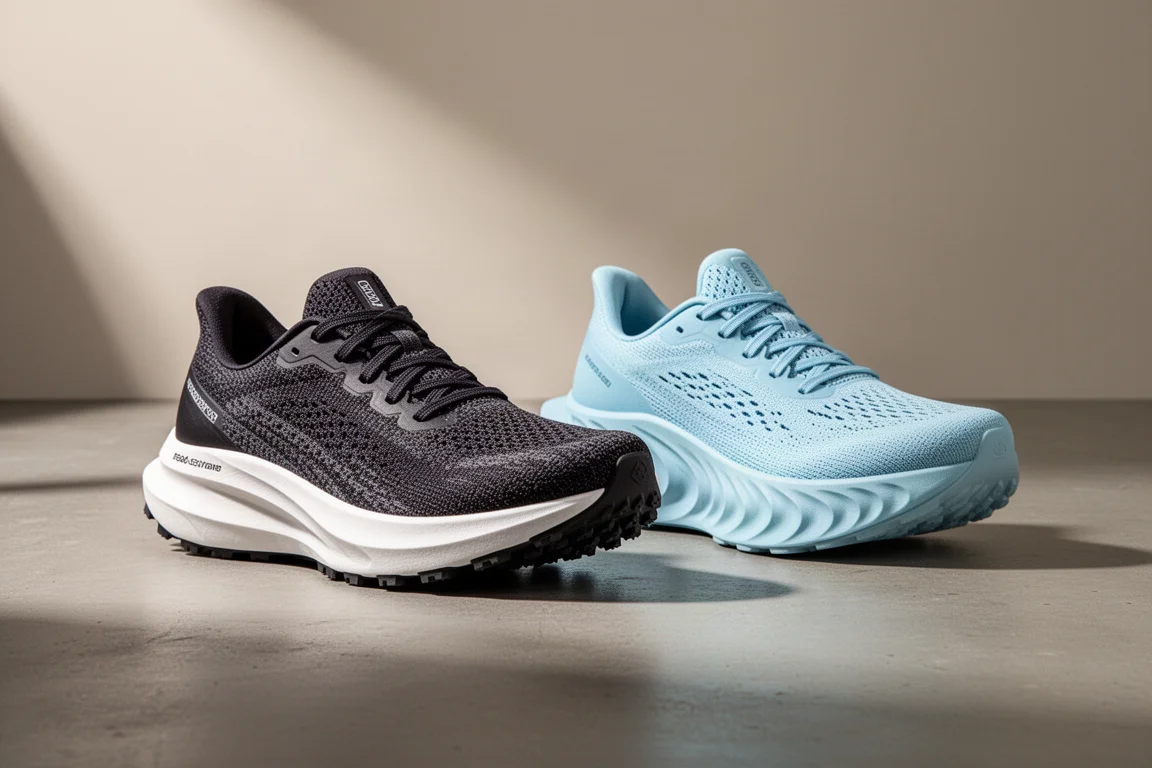 Puma Deviate Nitro 2 and Saucony Endorphin Speed 3 running shoes side by side on concrete