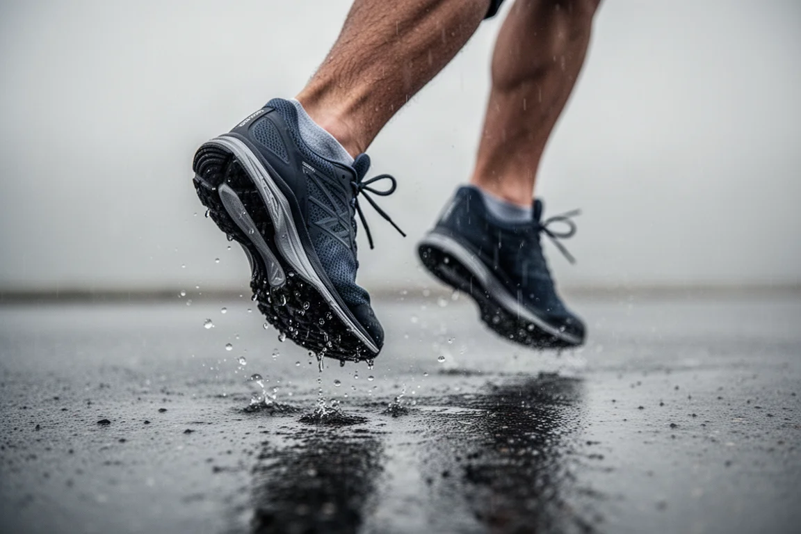 Runner's feet in dark training shoes crossing wet tarmac in light rain