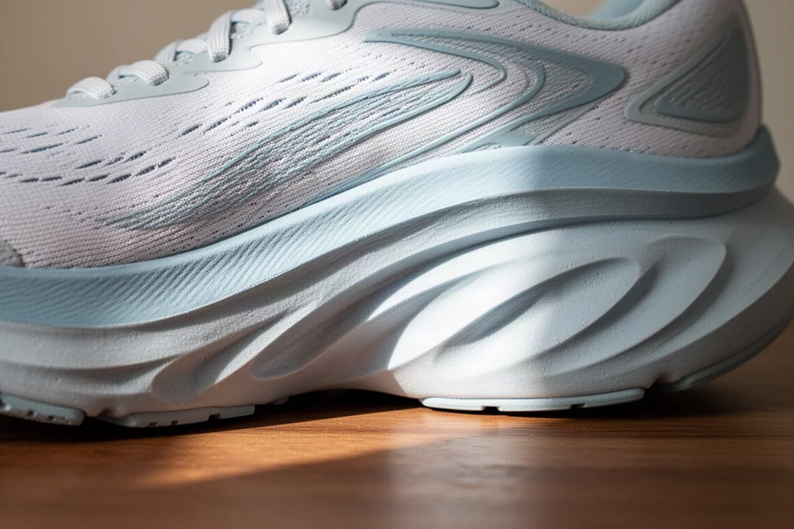 Close-up of tall cushioned running shoe midsole foam and wide platform