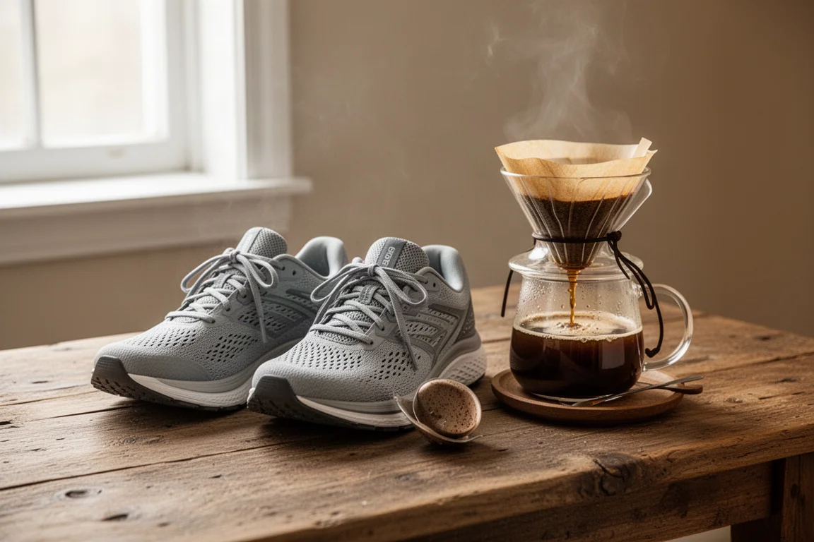 Everyday running shoes beside a coffee cup on a wooden table