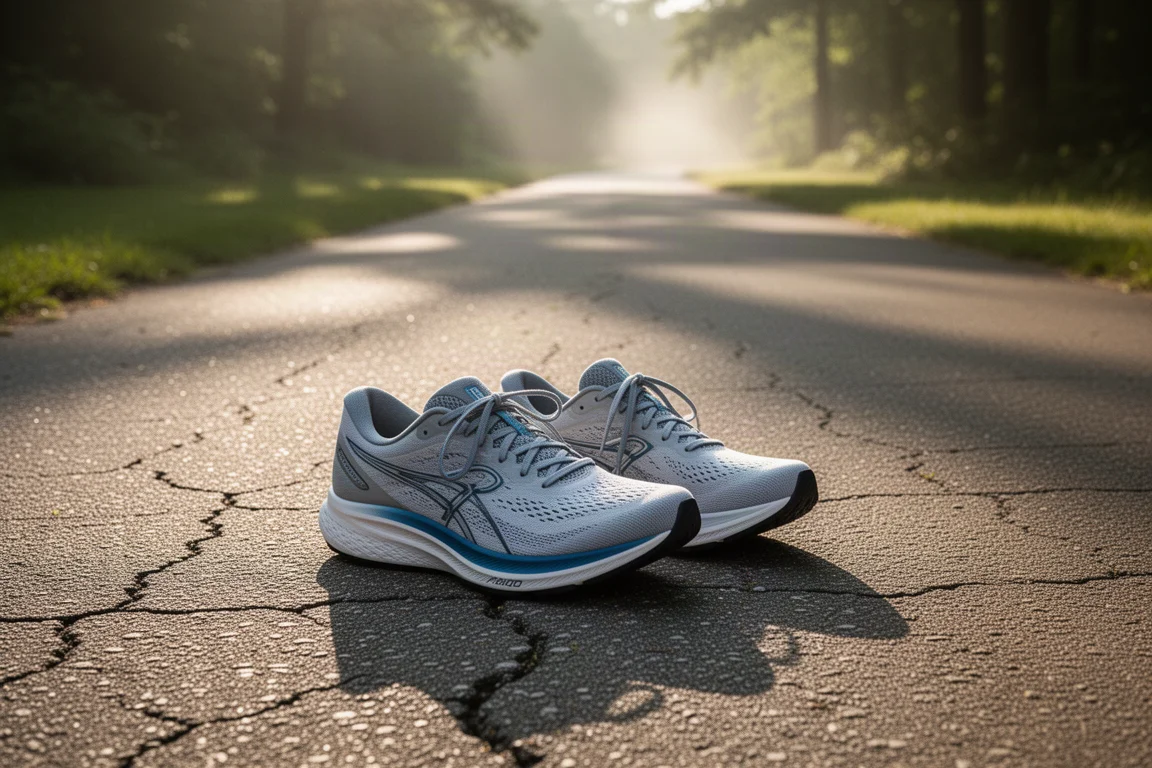 Running shoes on a sunlit path after a hot summer run