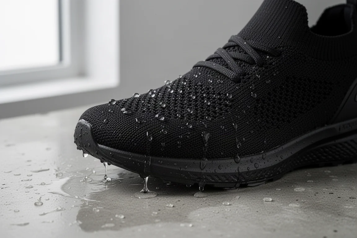 Scarpa da running nera con gocce d'acqua che si raggruppano sul tessuto della tomaia