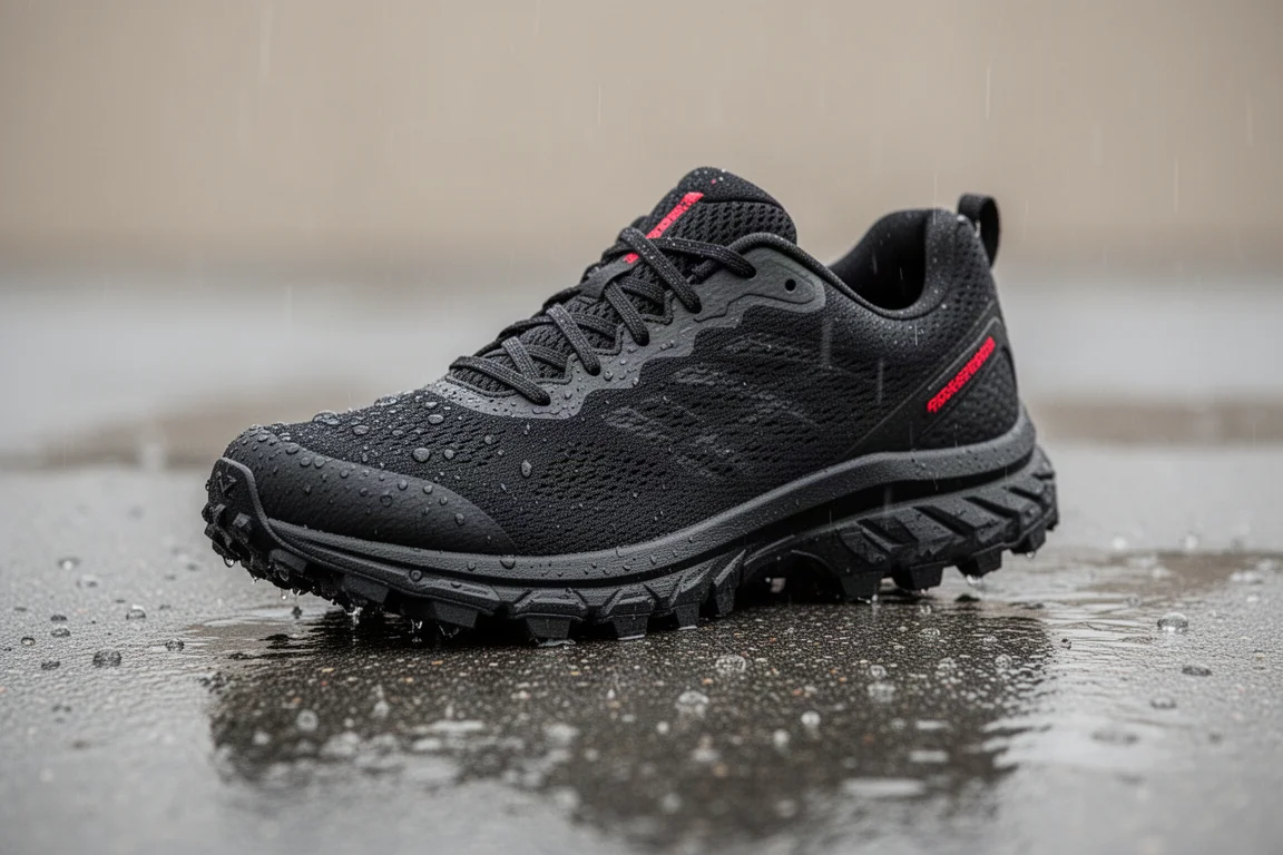 Black Puma running shoe with water repellent upper on wet pavement