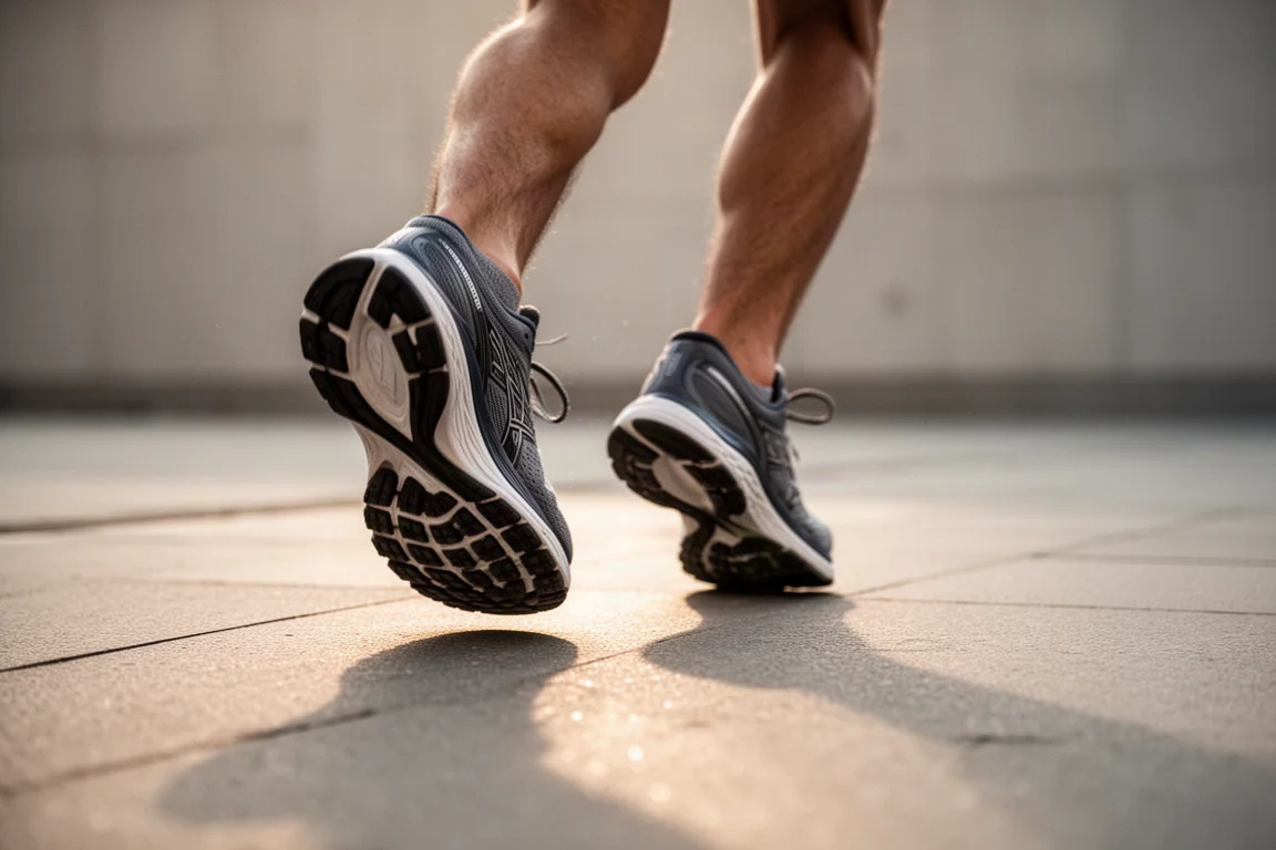 Runner's feet mid-stride on smooth city pavement in soft morning light