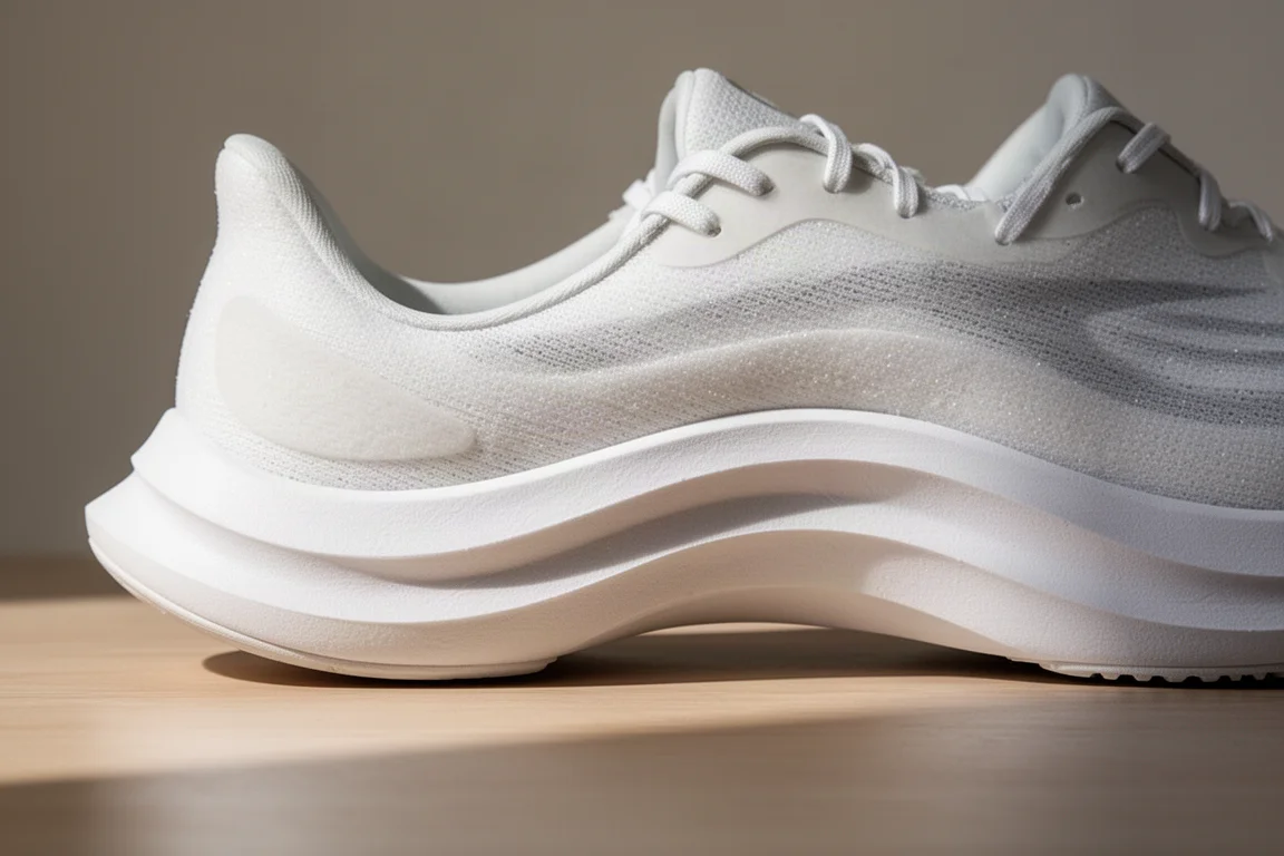Close-up of a thick cushioned midsole with a visible curved rocker shape