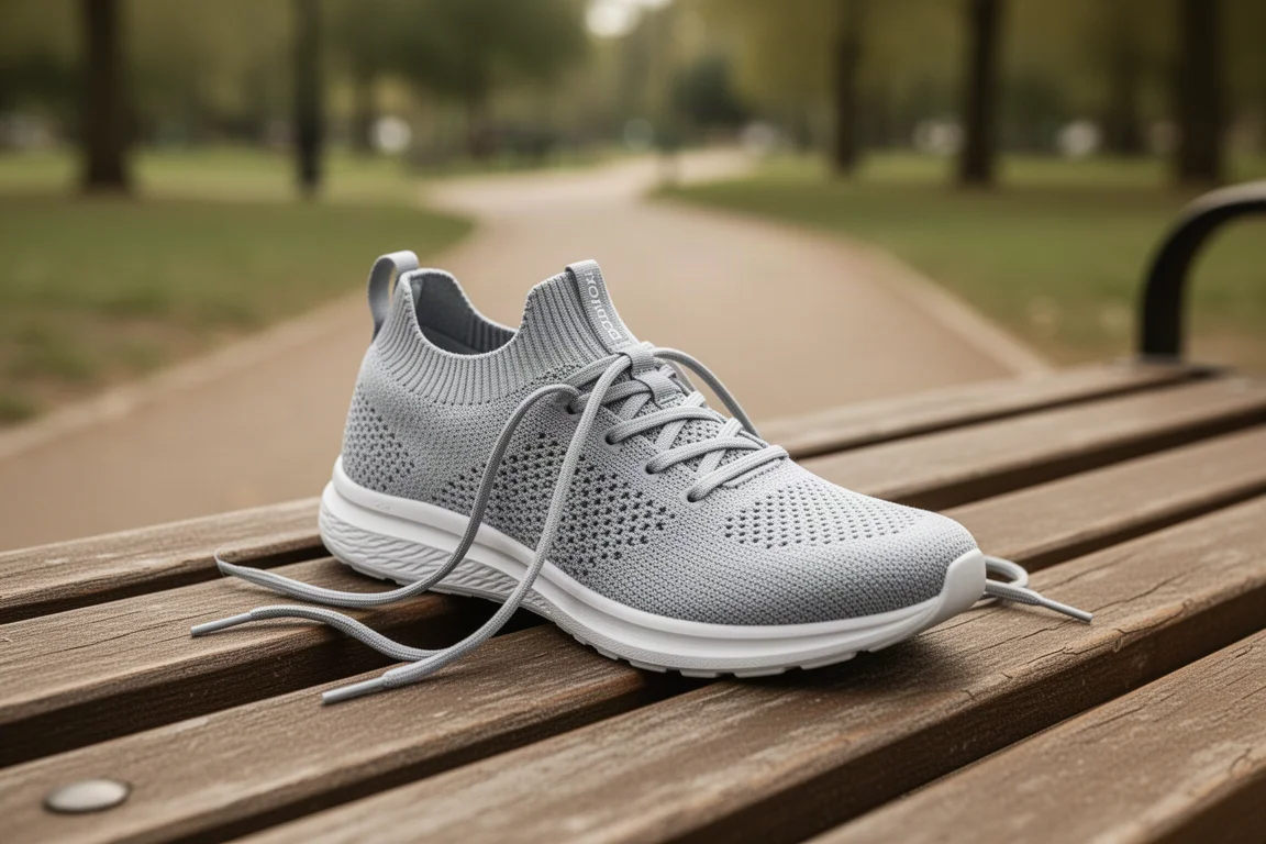 Knit running shoe upper being laced on a wooden bench