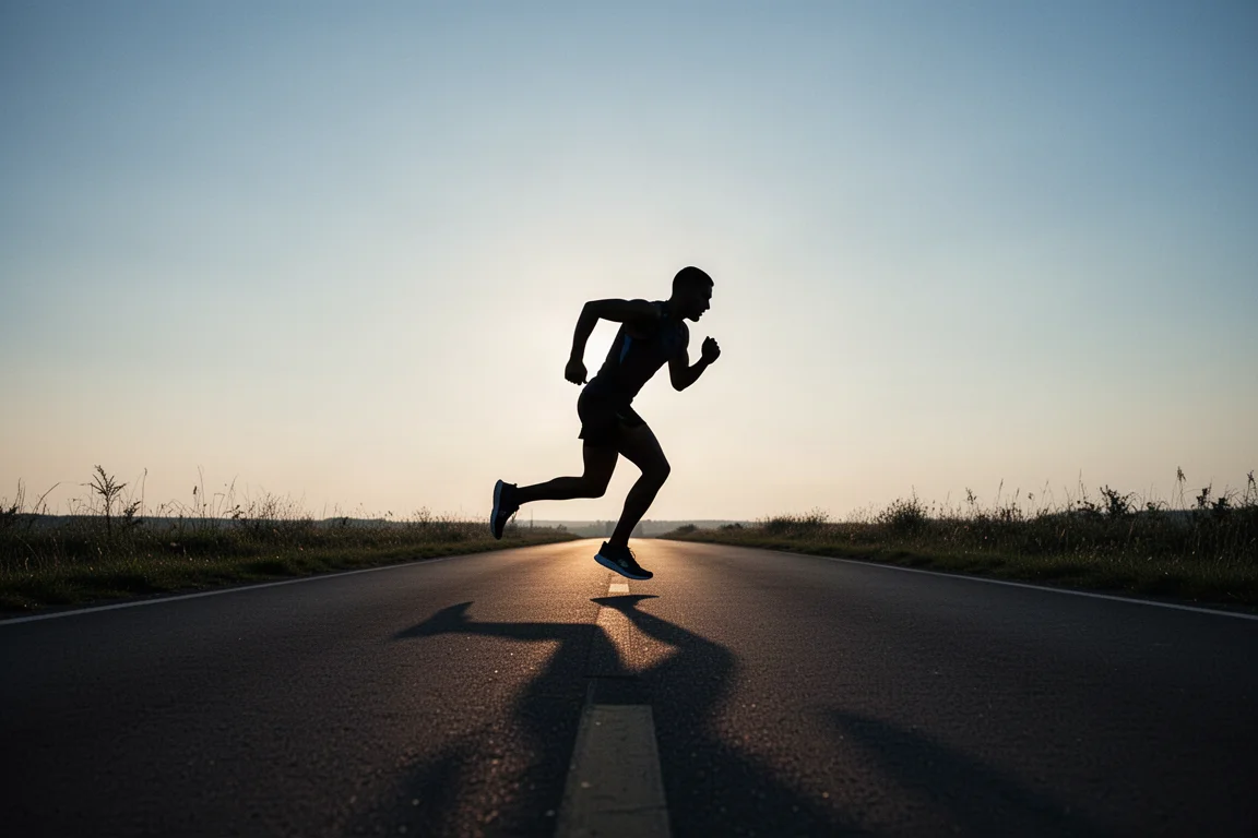 Runner starting a fast interval effort on a quiet paved road at dusk