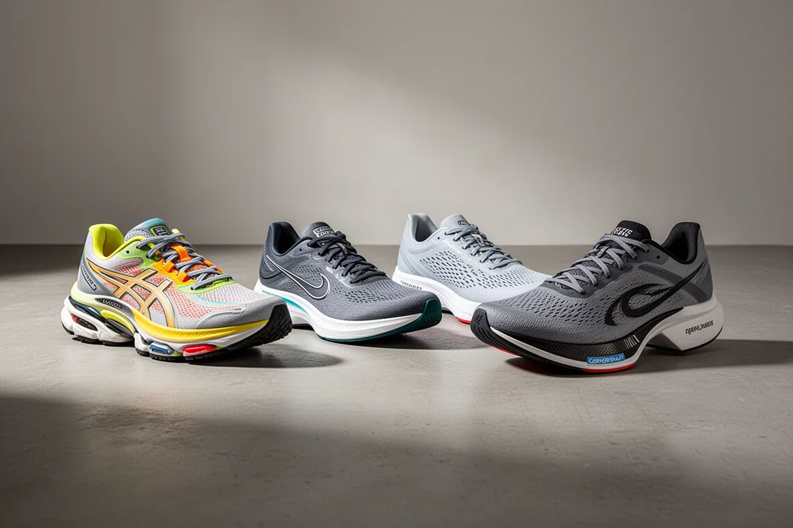 Vier Laufschuhe mit Platte stehen in einer Reihe auf grauem Beton