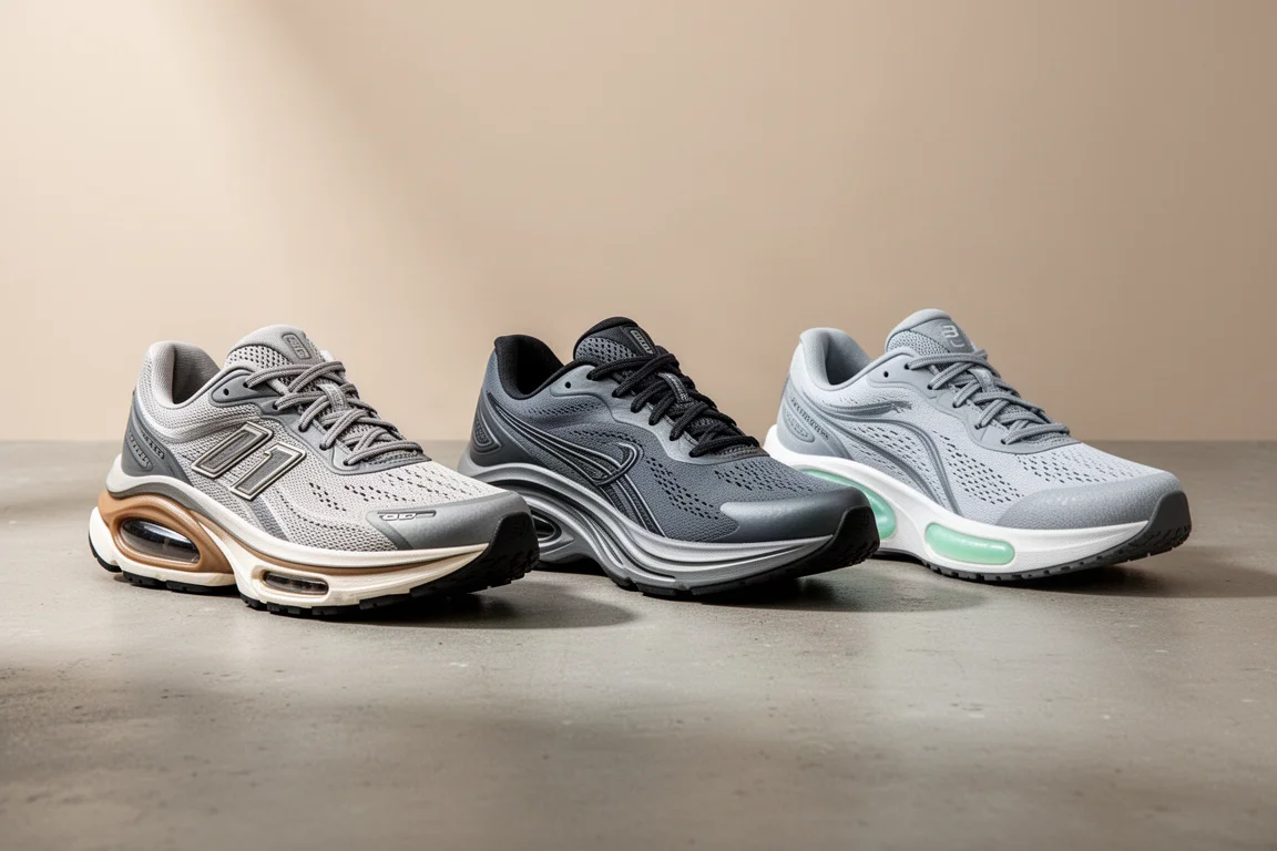 Drei Laufschuhe für sportliche Läufer nebeneinander auf einer Betonoberfläche
