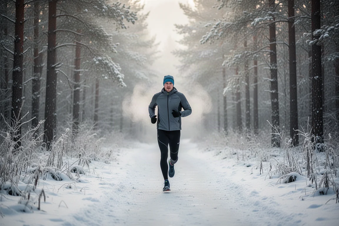 Runner in winter gear moving along an icy forest track in cold morning light