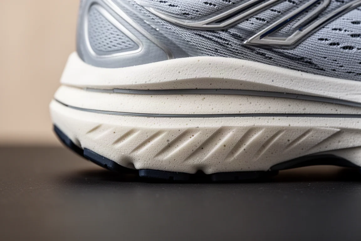 Close-up of a running shoe midsole showing a layered foam construction