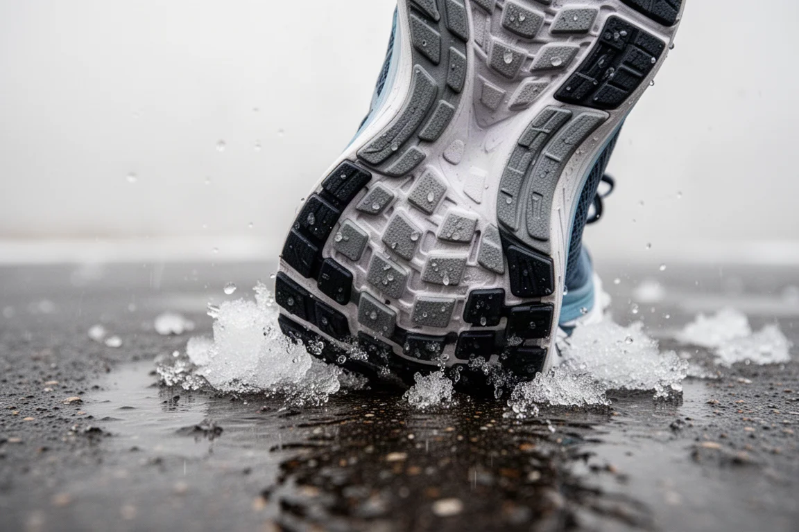 Puma Grip outsole on a running shoe gripping a wet, slushy road surface
