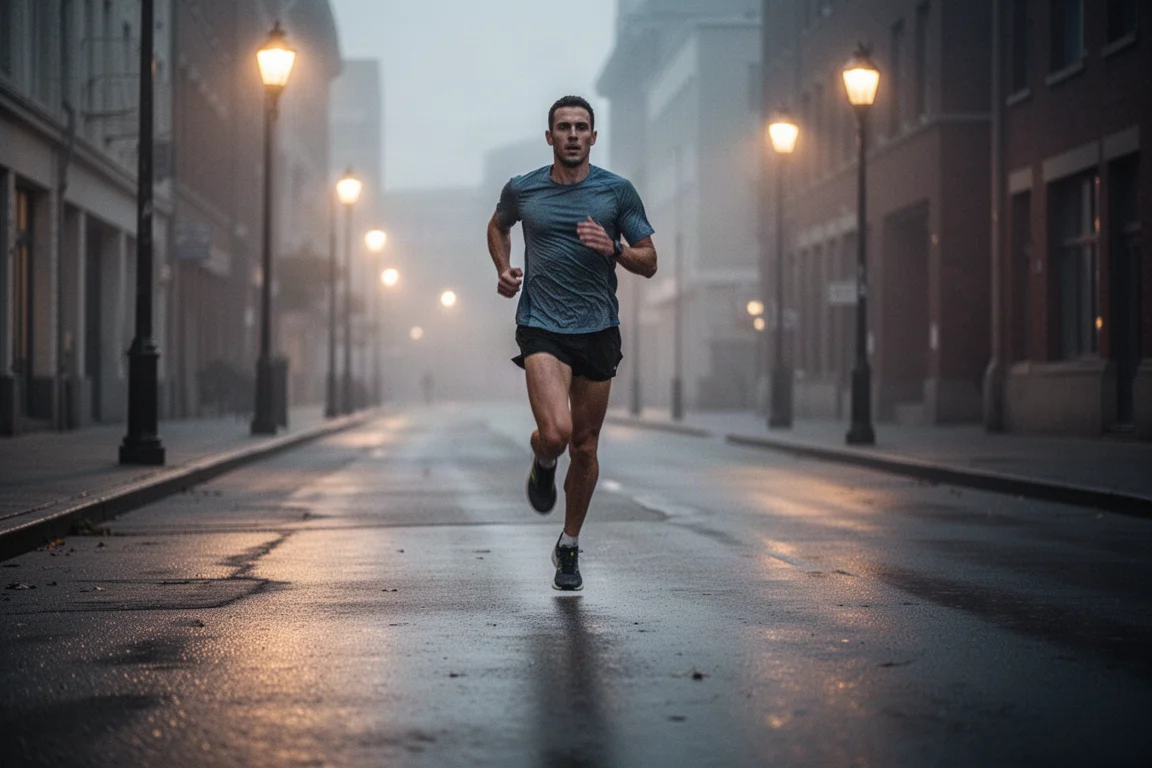 Runner maintaining a steady pace on a cold city street at dusk